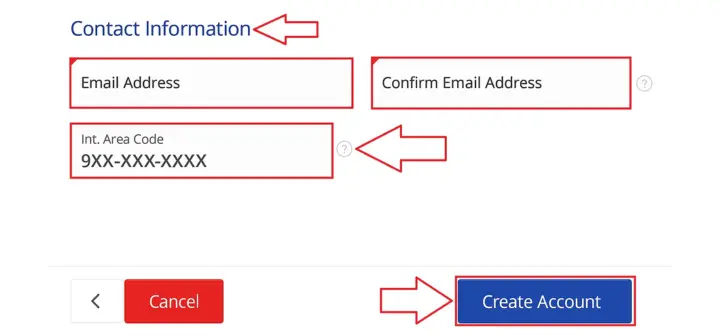 Portal contact information form showing Email Address, Confirm Email Address, mobile number field with international area code, and Create Account button