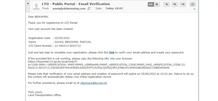 LTO Public Portal email verification message confirming successful account creation with registration date, name, LTO Client Number, and a verification link to set the password