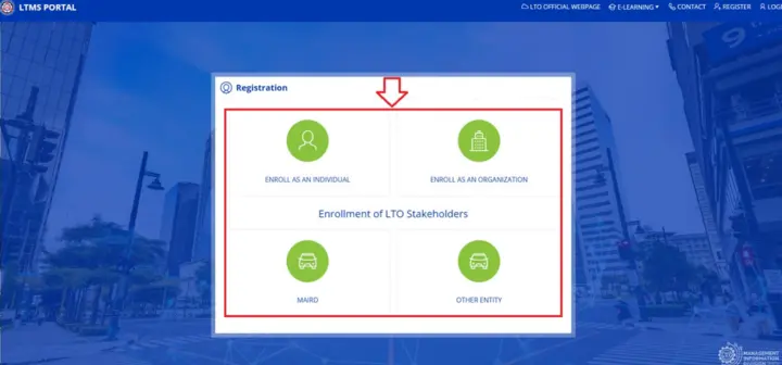 LTO LTMS portal registration page showing four enrollment options: Enroll as an Individual, Enroll as an Organization, MVRD, and Other Entity