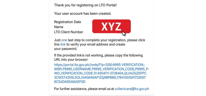 LTO portal registration confirmation email showing account creation details including Registration Date, Name, LTO Client Number, and a verification link to complete LTMS account setup