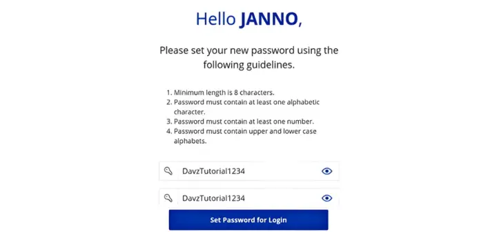 LTMS portal password setup page showing four password guidelines requiring minimum 8 characters, alphabetic character, number, and upper and lower case letters with a Set Password for Login button