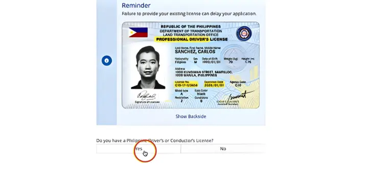 LTO LTMS portal registration step showing a sample Philippine Professional Driver's License and a Yes/No option asking if the user has an existing Philippine driver's or conductor's license