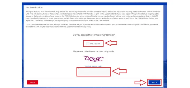 LTO LTMS portal terms and conditions page showing the "Yes, I accept" checkbox, security code captcha field, and Next button