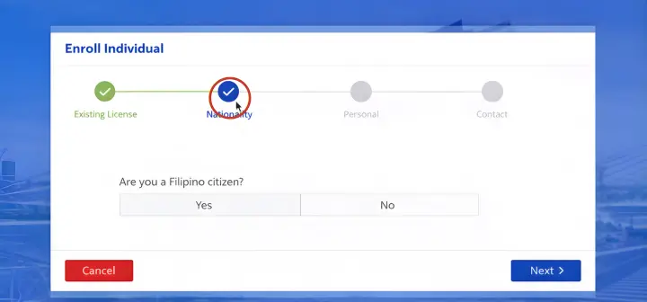 LTO LTMS portal Enroll Individual page showing the Nationality step with a "Are you a Filipino citizen?" Yes or No question and a four-step progress bar: Existing License, Nationality, Personal, and Contact